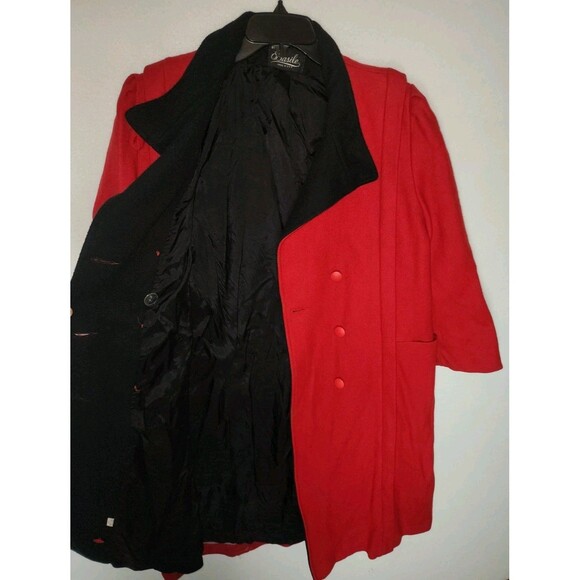 Vintage Basile Red Wool Coat Black Accents Long Womens Large - Picture 2 of 12
